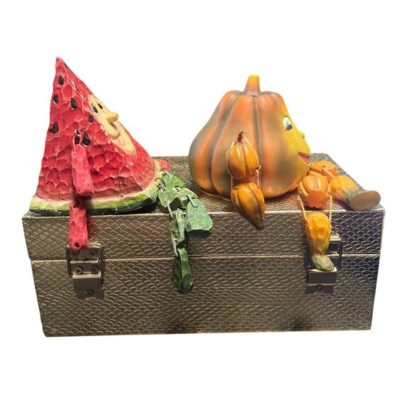 Vtg '80's Anthropomorphic Pumpkin Watermelon Resin Shelf Sitters - Picture 2 of 4